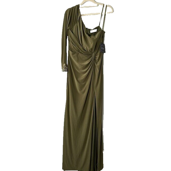 Ieena By Mac Duggal One Sleeve Beaded Cuff Side Twist Gown Dress Olive Green 8 - Picture 2 of 9